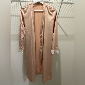 Vintage Satin Robe Midi Length Lace Beige Feminine, Size: S